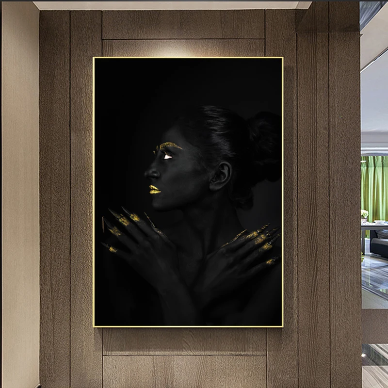 Постер с изображением женщины из черного золота картины на холсте настенные для