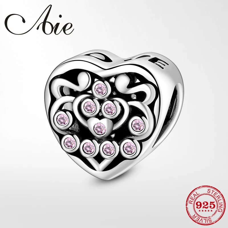 Серебряные бусины 925 пробы на День святого Валентина розовый CZ бисер в форме