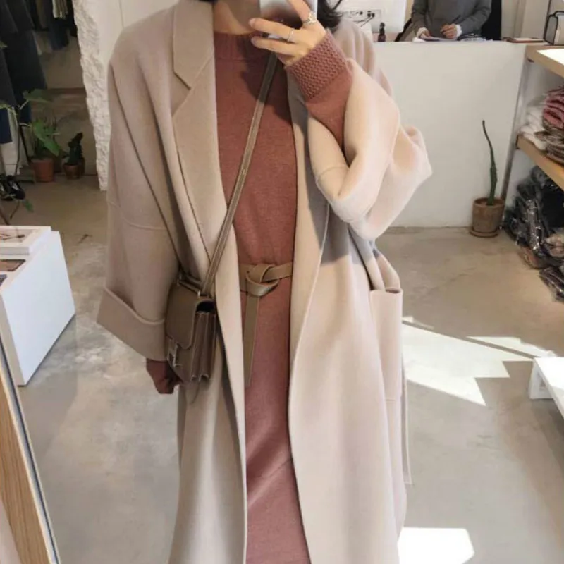 

Wool Women Long Coat Elegant Turn-down Collar Belt Simple All Match Womens Coats Winter New Fashion Korean Style Casual Loose