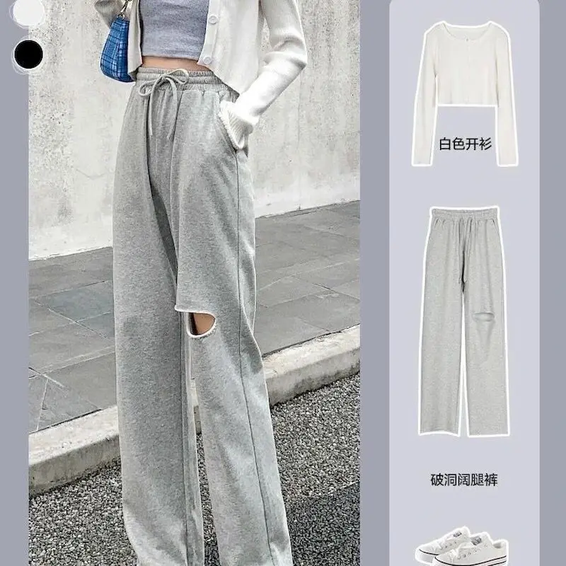 

Women Wide-leg Halen Pants Loose Drawstring High-waist Casual Female Waffle Trousers Straight-leg Sports Yoga Pilates Tide Cozy