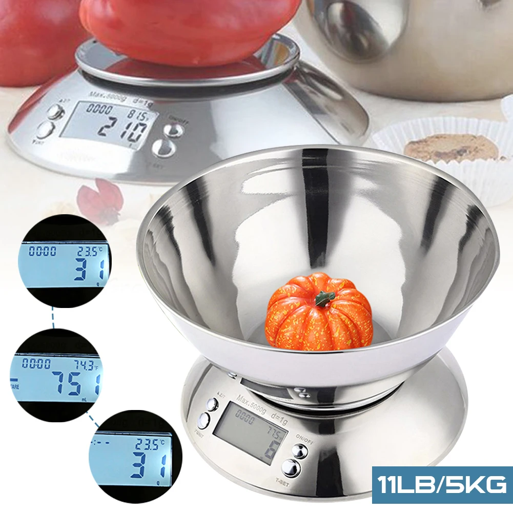 

Digital Kitchen Scale High Accuracy 11lb/5kg Food Scale with Removable Bowl Room Temperature, Alarm Timer Stainless Steel Libra