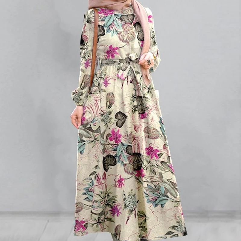 Italian fashion abaya clothing printing retro Ramadan dress Muslim women long dress Dubai Arab Islamic ethnic evening dress