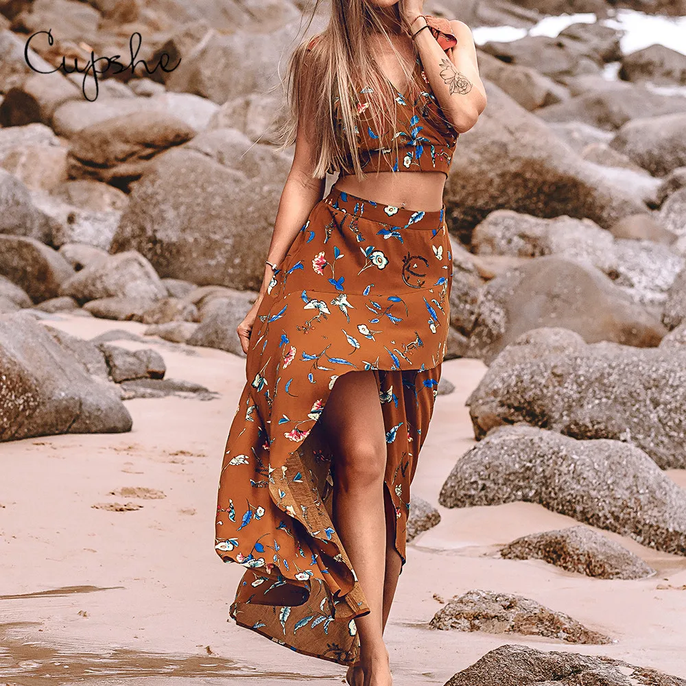 CUPSHE элегантная ржавая красная гофрированная высокая низкая юбка 2019 Boho пляжная