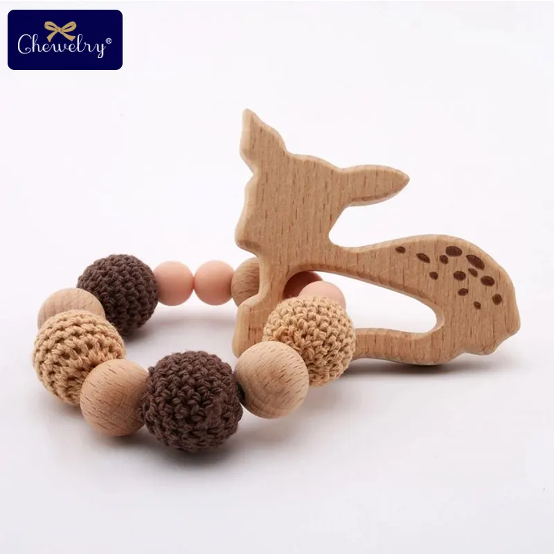 Sika deer 1 шт., детский браслет Teethe Woden, Ювелирное Украшение из бука, деревянное кольцо, персонализированные детские силиконовые бусины, детская коляска-погремушка, Товары для детей - Цвет: Sika deer