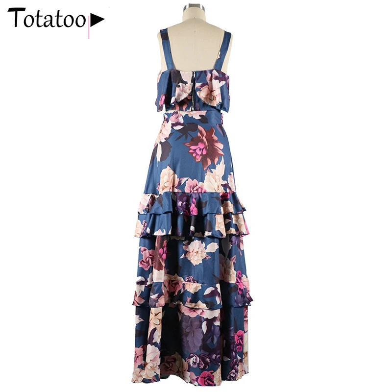 

Totatoop Floral Print Boho Beach Two Piece Set Sexy Crop Top And Ruffles Maxi Skirt Outfits Vintage Party Ladies Vacation Dress