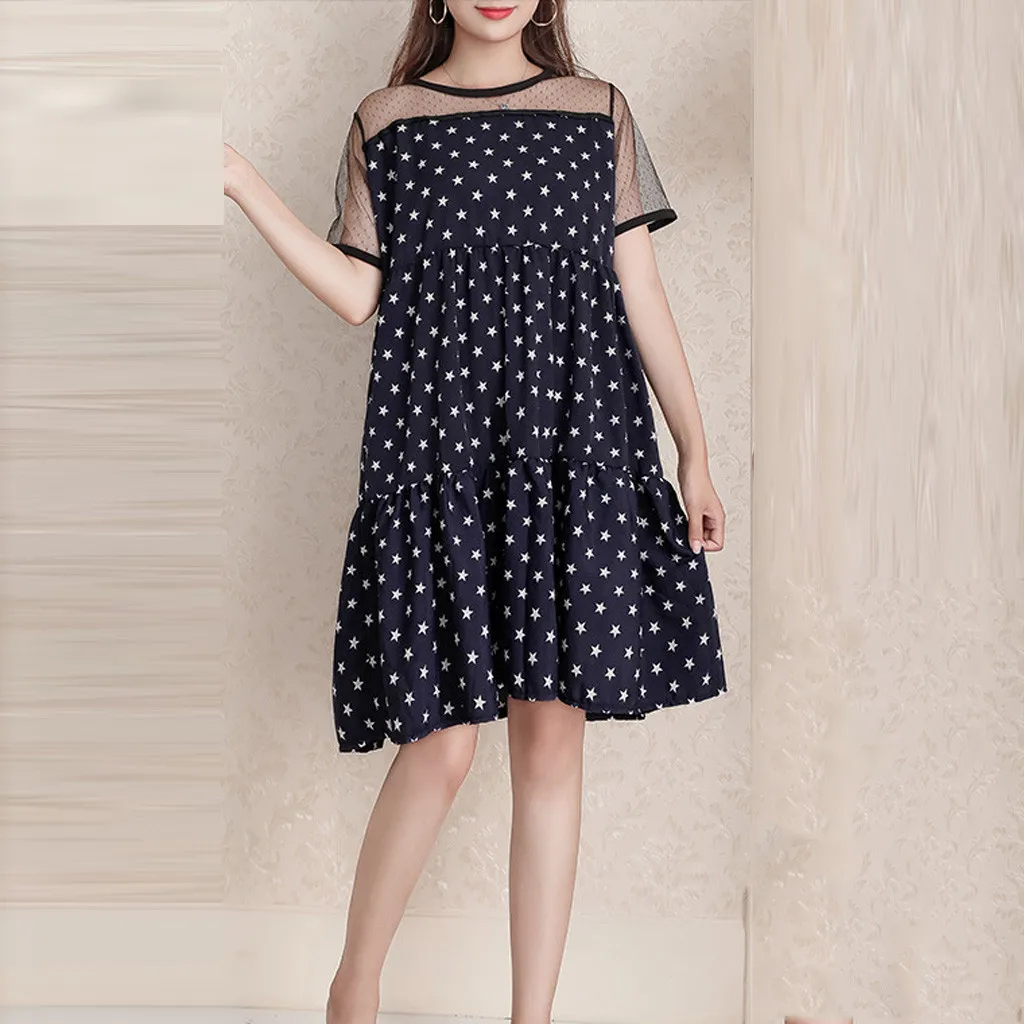 Женское платье с круглым вырезом коротким рукавом карманами звездным принтом