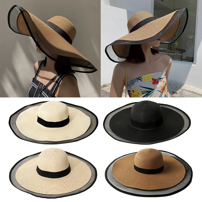 

1PC Large Brim Straw Hat Net Gauze Brim Large Brim Sunshade Hat Sea Side Travel Beach Outing Summer