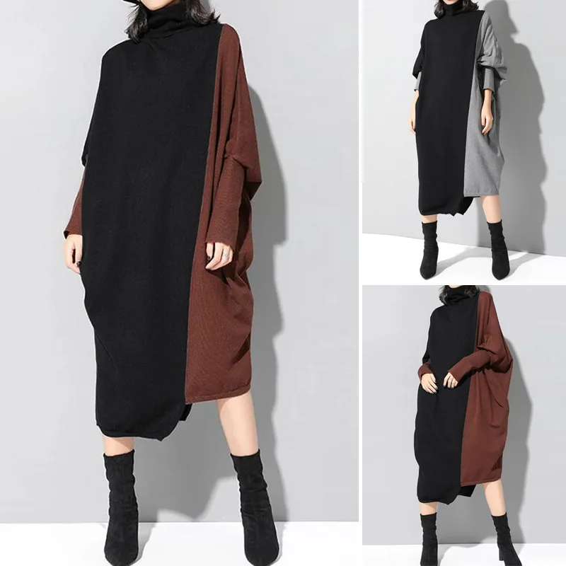

Women Clothing Knitted Asymmetrical Patchwork Batwing Sleeve Turtleneck Midi Wrap Dress 2021 Autumn Casual Fashion Robe Vestidos