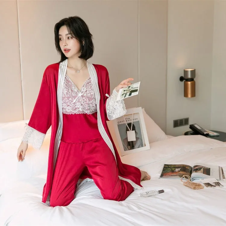 

Sexy 3PCS Pajamas Suit Sleepwear Women Kimono Bathrobe Nightgown Lace Nightwear Pijamas Soft Homewear Casual Intimate Lingerie