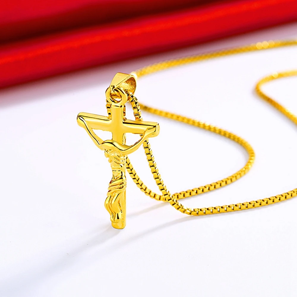 

Crucifix Cross Jesus Pendant Chain for Women Men Yellow Gold Filled Simple Smooth Fashion Jewelry Gift