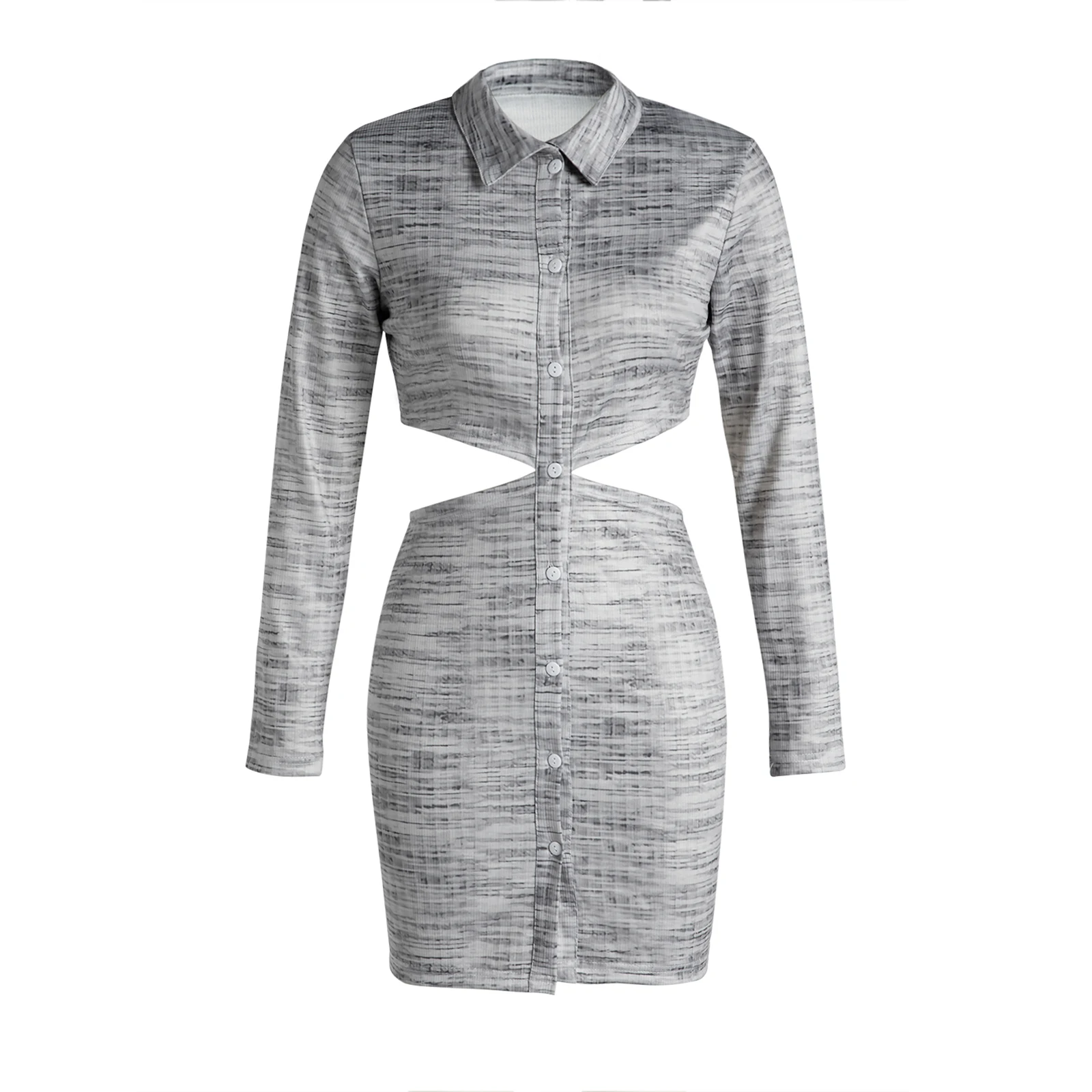 

Women Button-down Sheath Dress, Adults Solid Color Long Sleeve Lapel Cutout piece