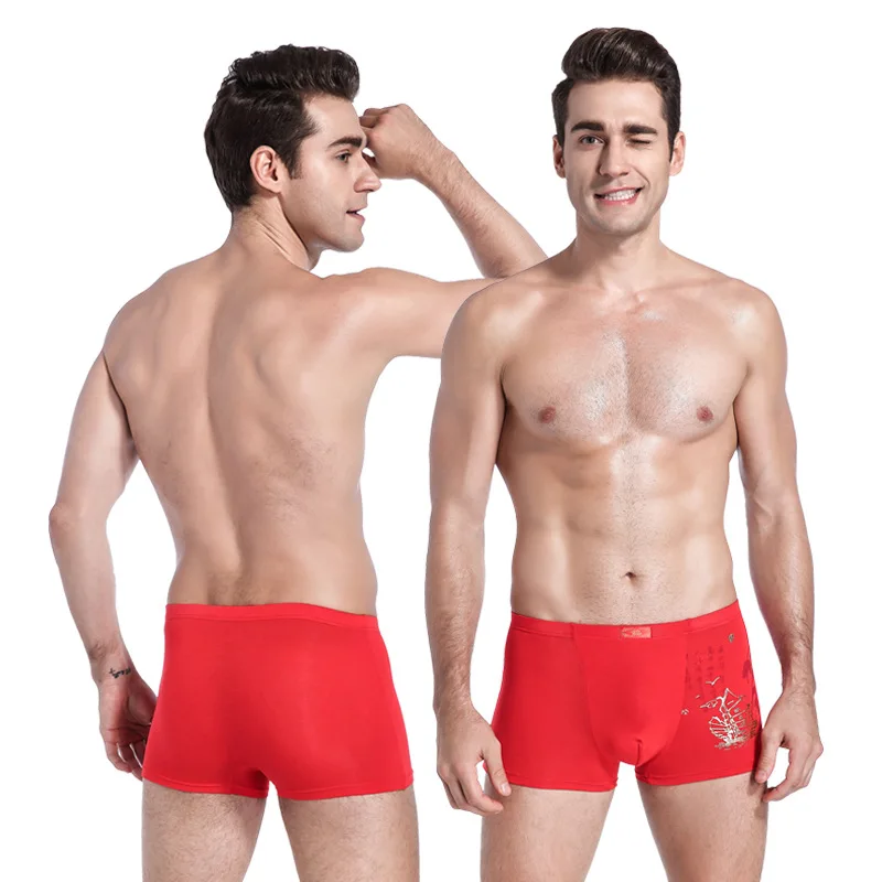 4Pcs Red Color New Year Gift Men Underwear Breathable Boxers Shorts Modal Bamboo Fiber Flexible Soft Male Underpants Boys Undies