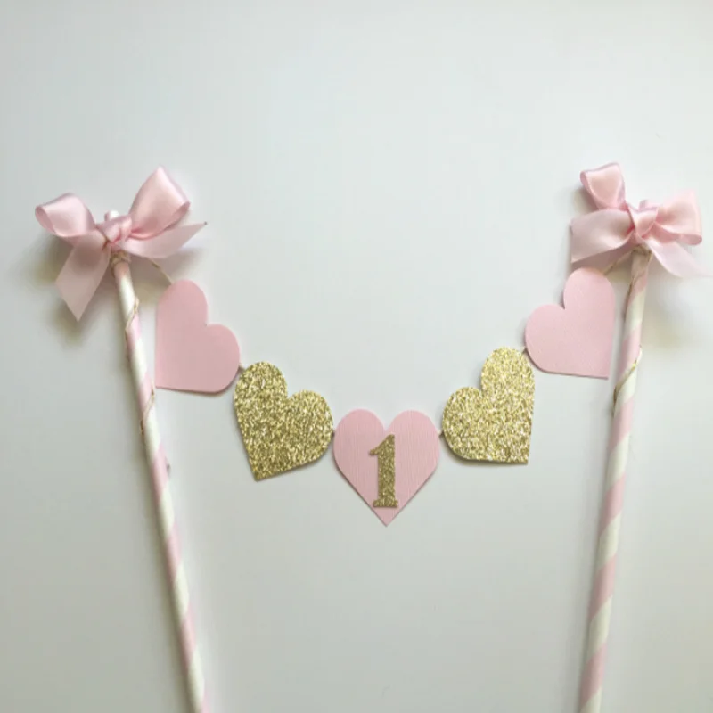 

1 set Kawaii Glitter Gold Baby Girl First Birthday Party Cake Decoration Pink Heart Topper with Bowknot