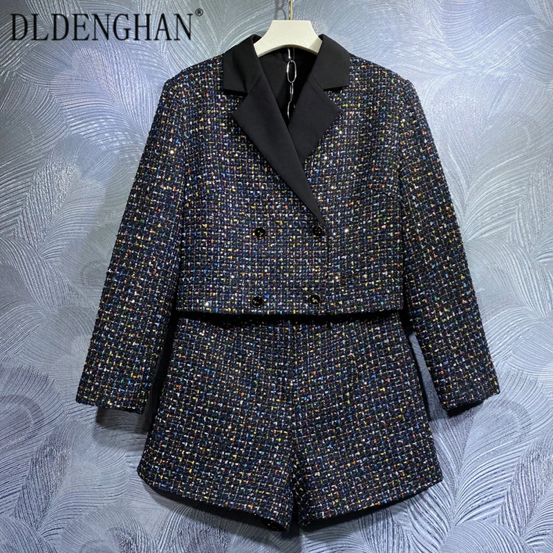 

Модельный дизайнерский твидовый костюм DLDENGHAN, женский короткий жакет с длинным рукавом и принтом животных + шорты, черный комплект из двух п...