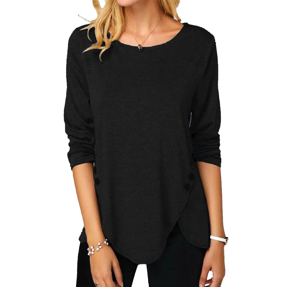 

New top with irregular buttons at hem long sleeve round neck LARGE T-SHIRT
