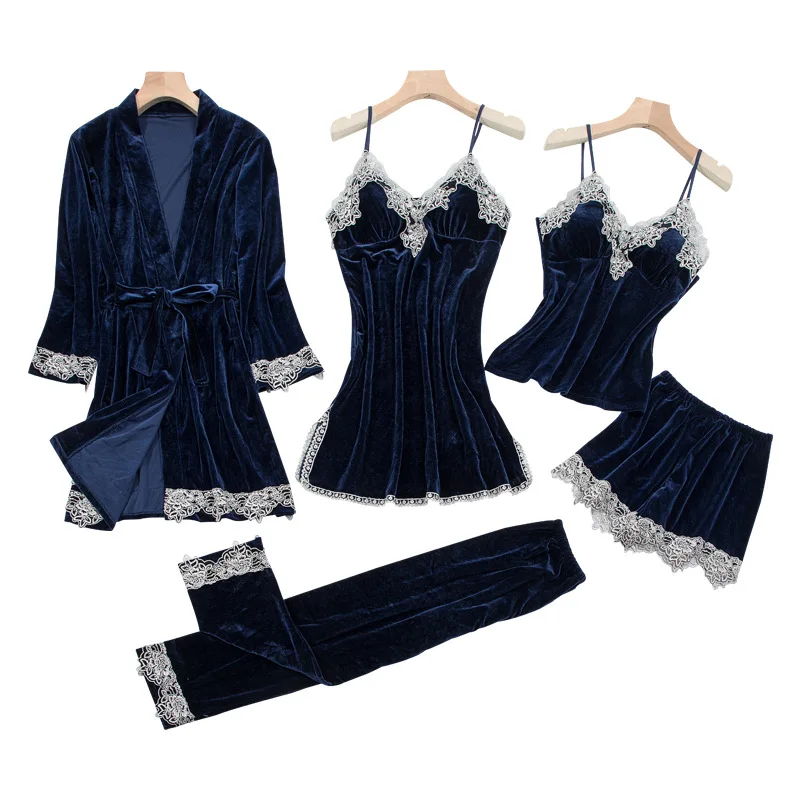 

Sexy Lace Nightwear Pajamas Suit Intimate Lingerie Women Velour Sleep Set 5PCS Kimono Robe Velvet Soft Homewear Sleepwear