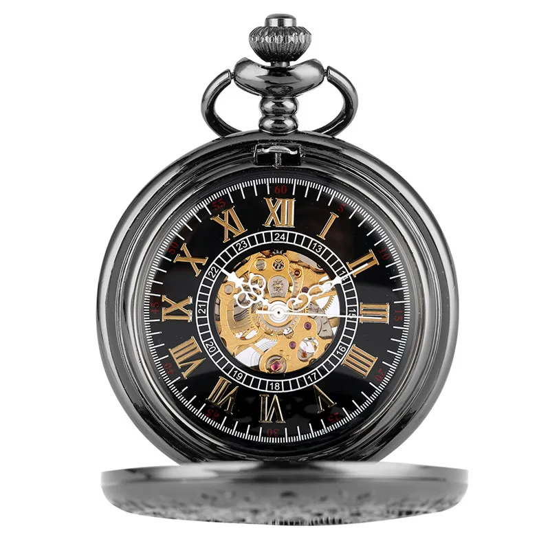 

Steampunk Black Men Women Hand-wind Mechanical Pocket Watch Hollow Out Gear Case Skeleton Clock with Pendant Chain Roman Number