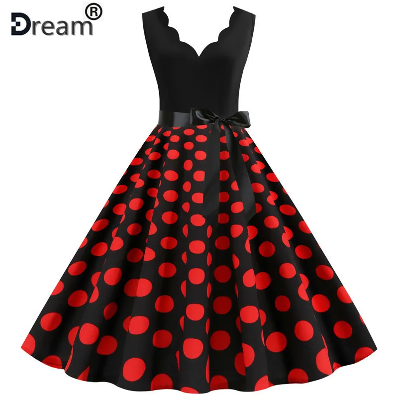 Красное винтажное женское летнее платье в горошек с v образным вырезом рокабилли