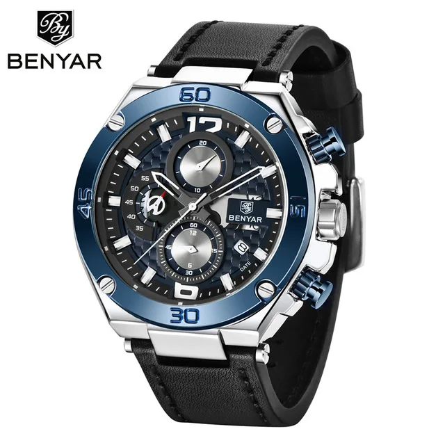 

BENYAR 5151 Hot Sell Men Watch Luxury Leather Quartz Clock Fashion Chronograph Wristwatch Male Sport Military Relogio Masculino