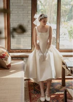 2021 new design square neck sleeveless satin ankle length bow backless simple plain wedding dress bride gown vestidos de novia