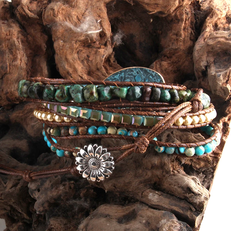 Женский браслет с 5 нитками MD черный в богемном стиле из натуральных камней