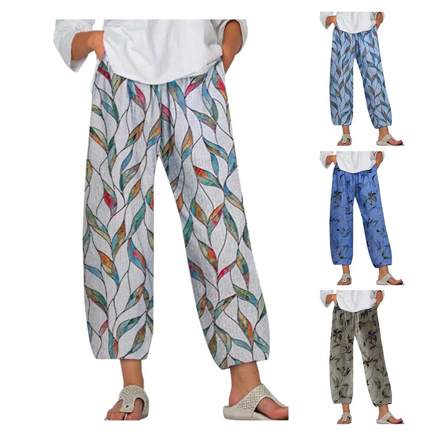 

Women Harem Pants Vintage Printed Cotton Linen Wide Leg Trousers Summer Casual Pocket Pantalon Elastic Waist Loose #Q
