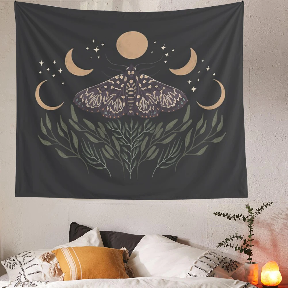 

Black Sun Moon Phase Tapestry Wall Hanging Bohemian Gypsy Psychedelic Tapiz Witchcraft Divination Tapestry Butterfly Decor