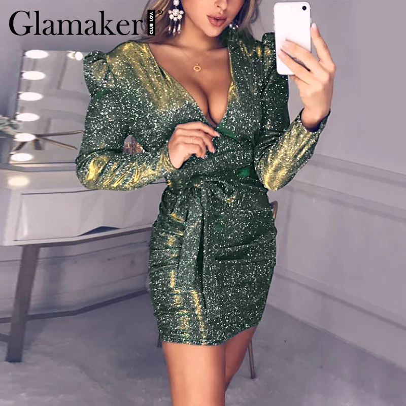 Glamaker сексуальное Клубное зеленое платье с глубоким v-образным вырезом и