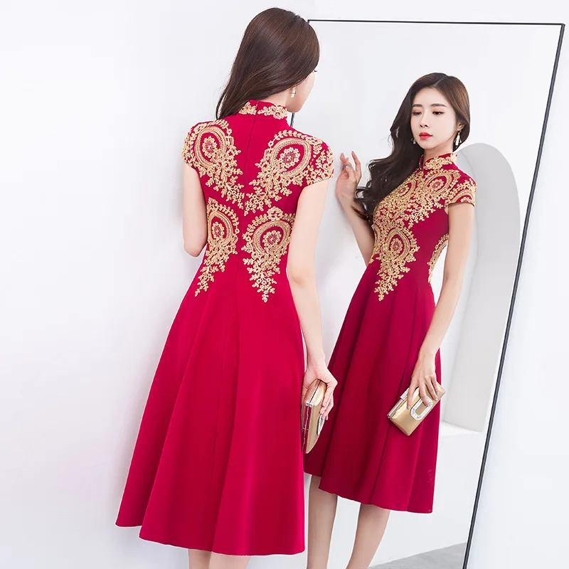 

Exquisite Appliques Trim Chinese Bride Wedding Dresses Lady Elegant Mandarin Collar Formal Party Dress Short Sleeve Banquet Gown