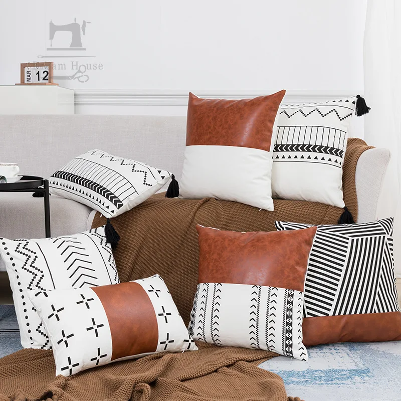 

PU Leather Pillow Brown Leather Stitching Geometric Print Sofa Cushion Cover 45x45cm Pillowcase Home Decor Lumbar Pillow 30x50cm