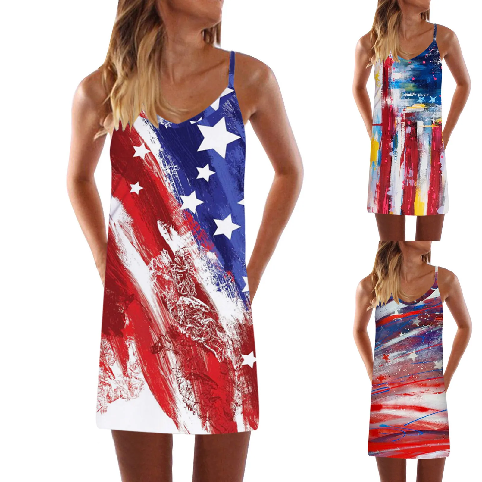 

Размера плюс женское тонкое платье с v-образным вырезом, День Независимости мини-платья без рукавов с принтом обтягивающее пляжное летнее п...