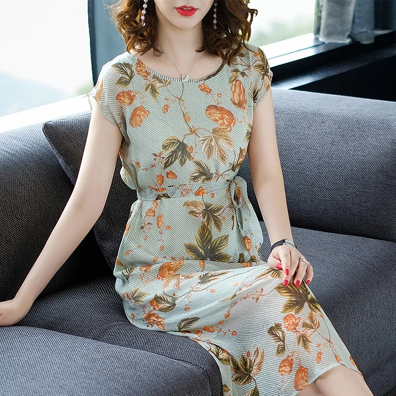 

High Quality 100% Genuine Silk Dresses for Women Summer Female Elegant Dress Slim Midi Dresses Ladies Vestido De Mulher Zjt2617