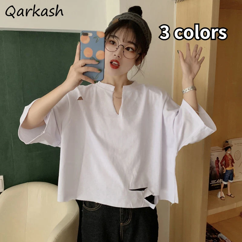 

Футболки женские с дырками, дизайнерские топы, подходящая ко всему простая Однотонная футболка для подростков, для праздника, Повседневные ...