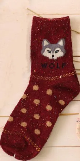 wolf wine Милые теплые носки с рисунками животных; женские новые японские Носки с рисунком оленя, кота, лисы, волка; шерстяные смешанные дышащие носки; сезон осень-зима - Цвет: wolf wine