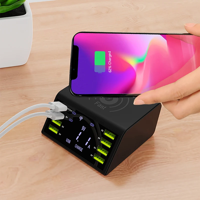 Беспроводное зарядное устройство Qi с USB 60 Вт светодиодный дисплей быстрая