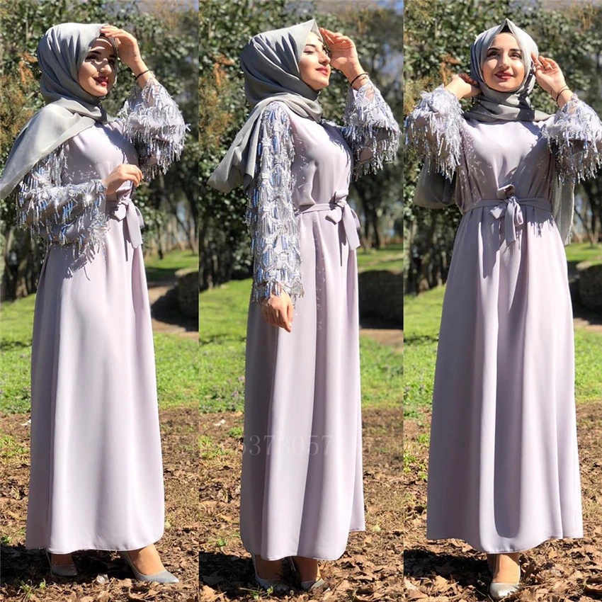 

Islamic Traditional Clothing Muslim Dress for Women Female Fashion Sequins Tassel Elegant Dubai Turkish Abaya Kaftan Robe Dress