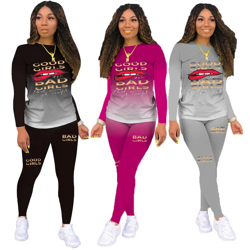 

Two Piece Set Women Crop Top and Pants Lips Print African Clothes Jogger Matching Set Long Sleeve Stretch Wholesale Dropshipping