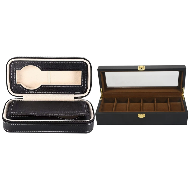 

1 Pcs 2 Grids Watch Storage Case Zipper Wristwatch Box & 1 Pcs 6 Plaid Wooden Watch Box Jewelry Display Watch Box