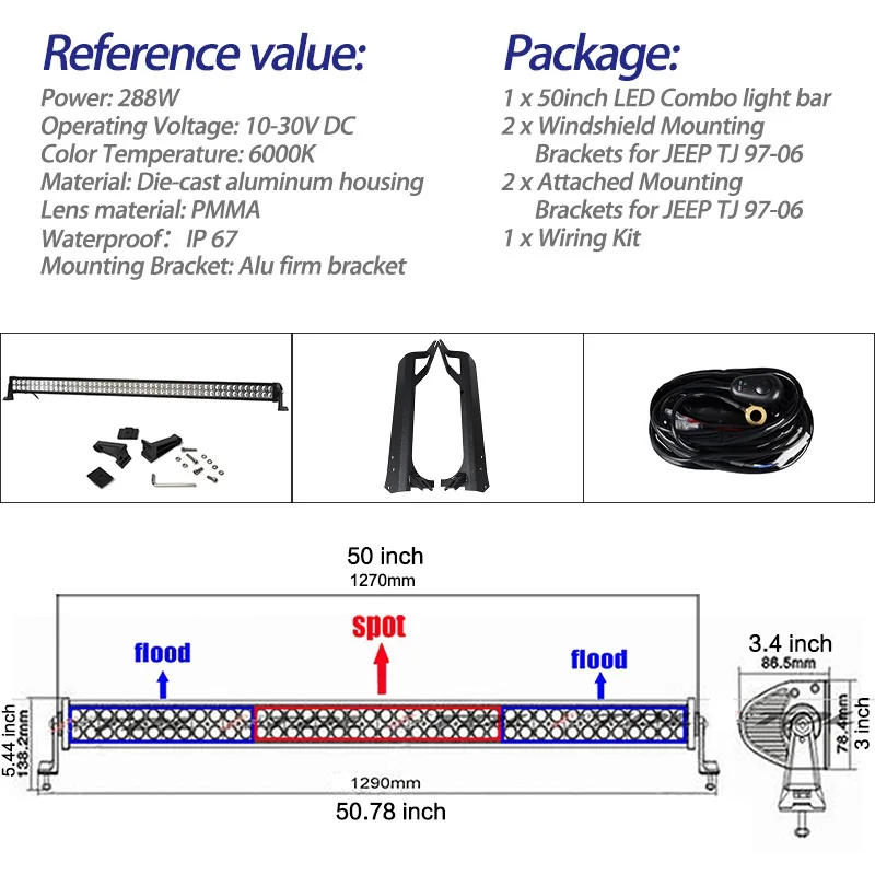 1x50 дюймов 288 Вт светодиодный работа рабочий привода вождения светильник лампа