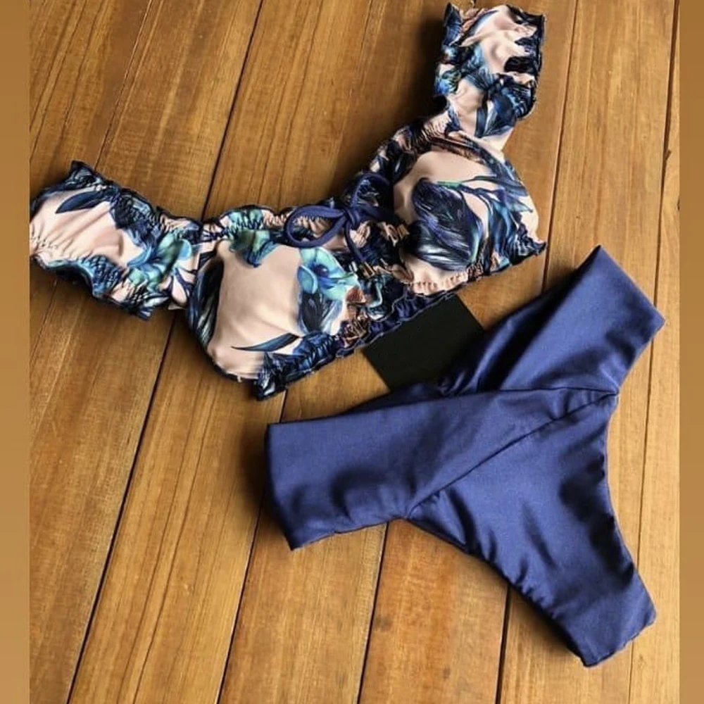 

Women Off Shoulder Bandage Sexy Bikinis Push Up Padded Bikini Set Bandeau Print Swimsuit Mid Waist Swimwer Female Beachwear