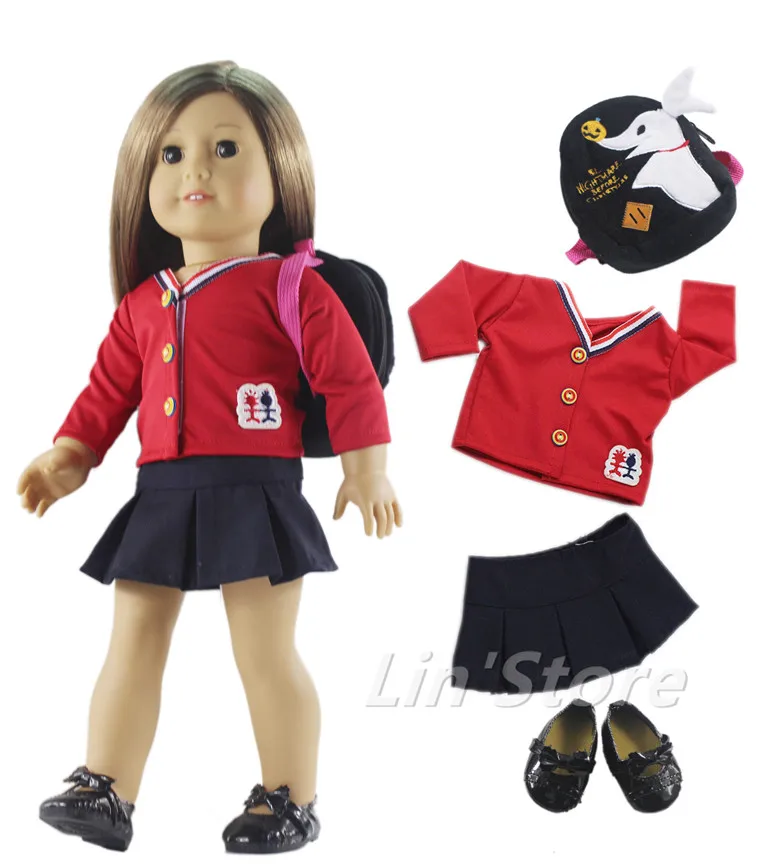 

4in1 set Casual Clothing Outfit Shirt+skirt+knapsack+shoes for 18"American Doll Fashion Doll Clothes