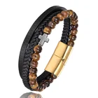 Лидер продаж, 6 мм браслет из нержавеющей стали с натуральным тигровым глазом, многослойный кожаный браслет из нержавеющей стали, браслет для мужчин и женщин
