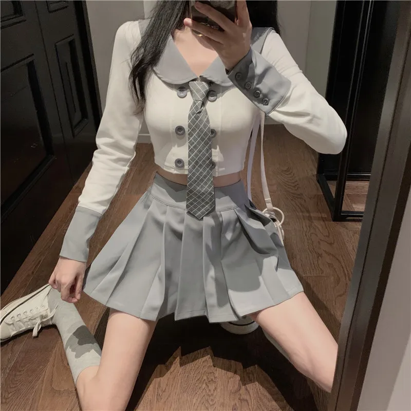 

Костюм в стиле колледжа для девочек короткий топ с длинными рукавами + плиссированная мини-юбка комплект из 2 предметов на весну и осень