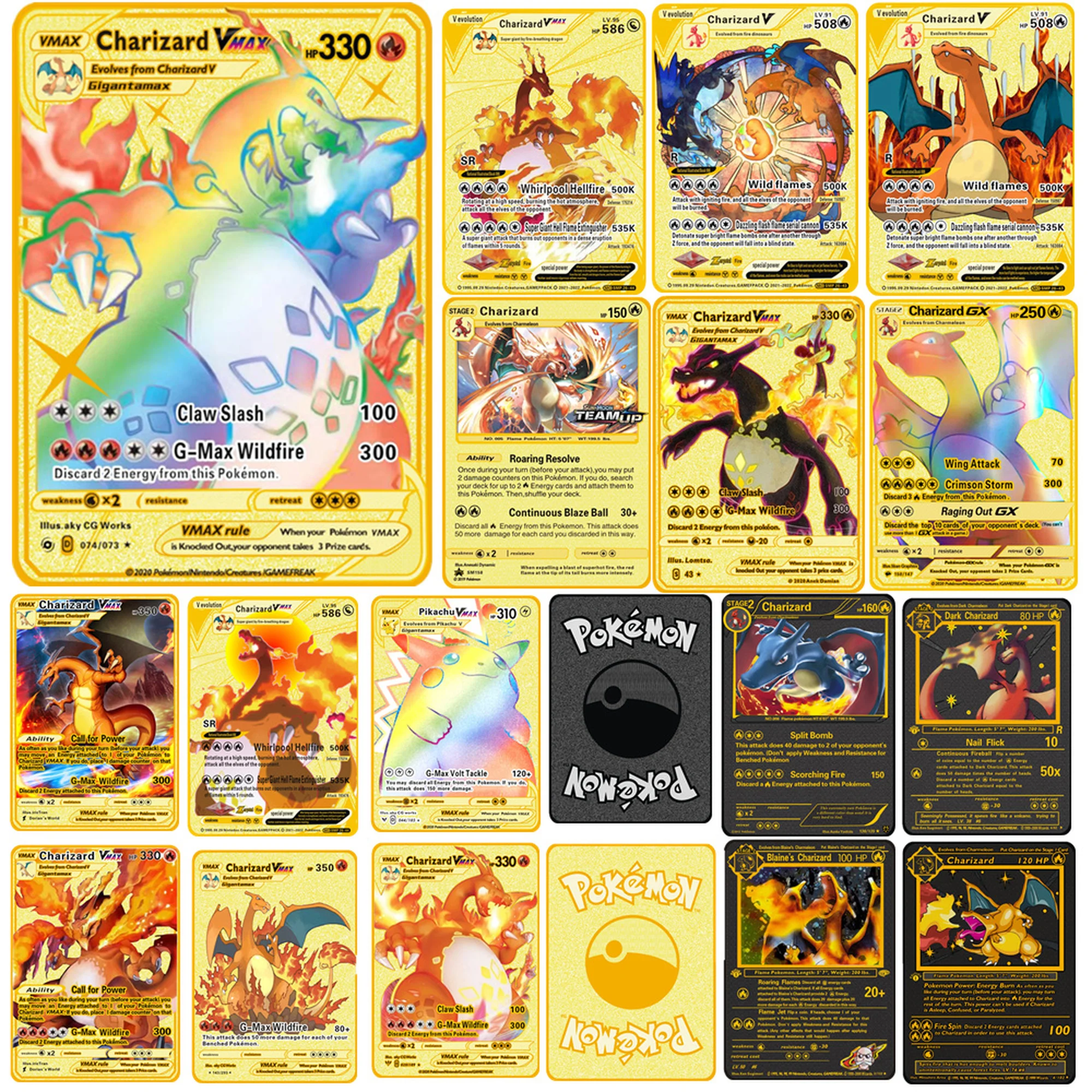 

Pokemon Cards Dark Charizard DX Metal Card Blaines Charizard VMAX V Card Collection Gift Kids Metal Card Pikachu Game Cards Toys