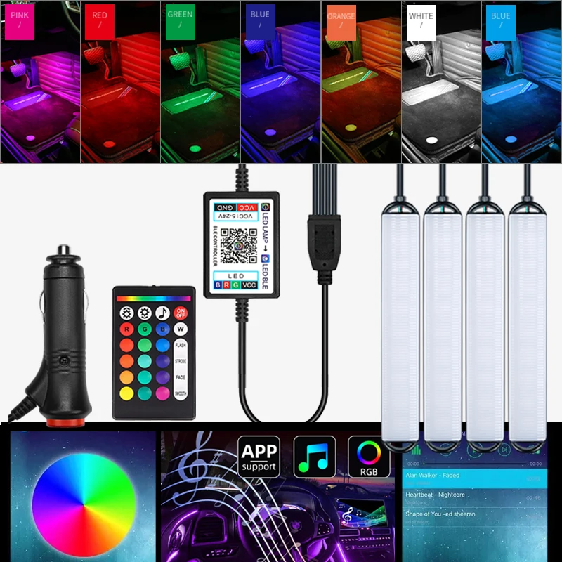 RGB LED Bulb Car Interior Ambient Lights With USB Wireless Remote APP Music Control Multiple Modes Lighting Decorative Auto Lamp |