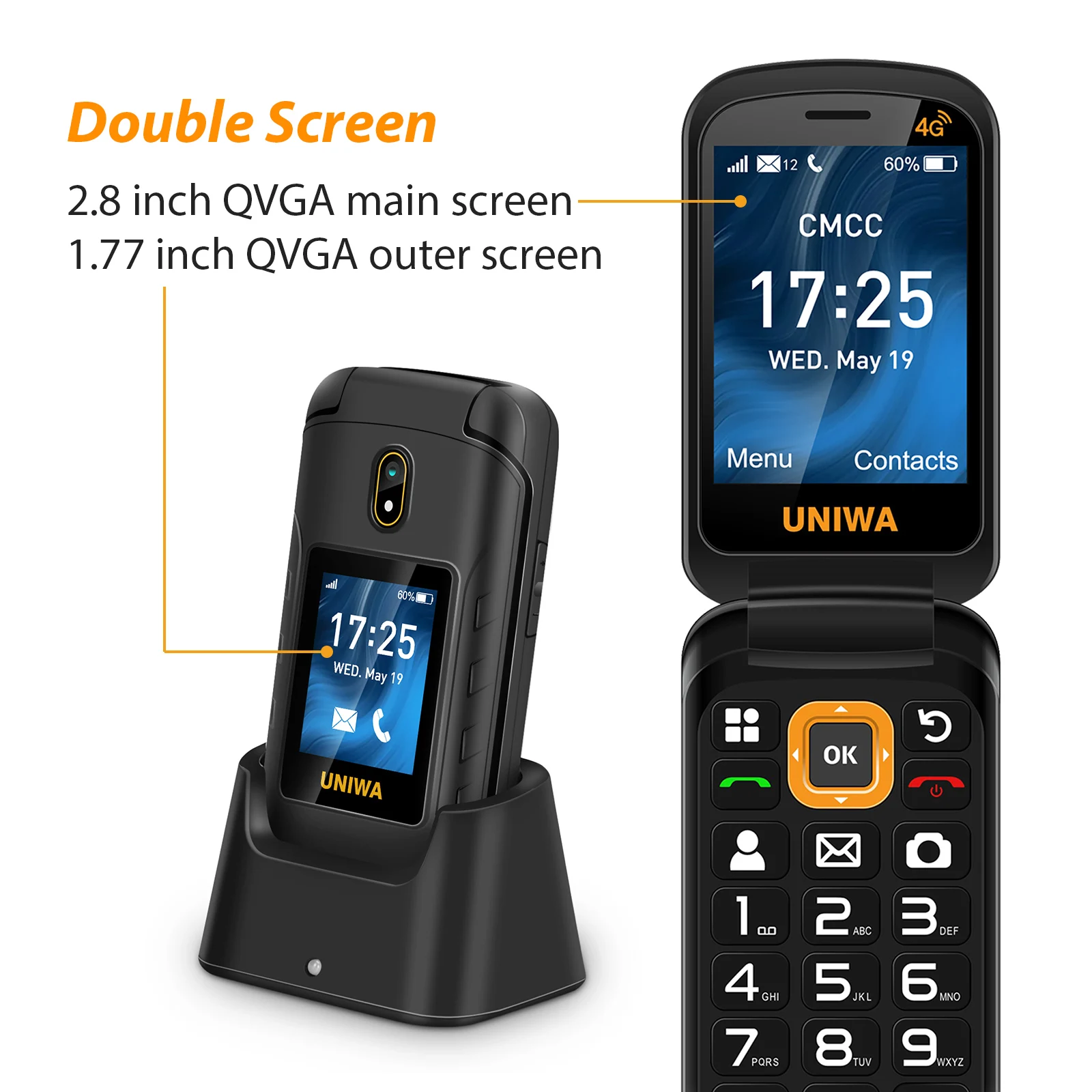uniwa v909t 4g flip phone 2 8 inch double screen feature phone russian keyboard clamshell cellphone big push button 2250mah x28 free global shipping