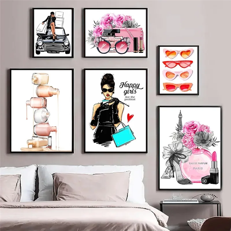 

Vogue Paris Perfume Woman Flower Glasses Wall Art Canvas Painting Nordic Posters and Prints Wall Pictures for Living Room Decor