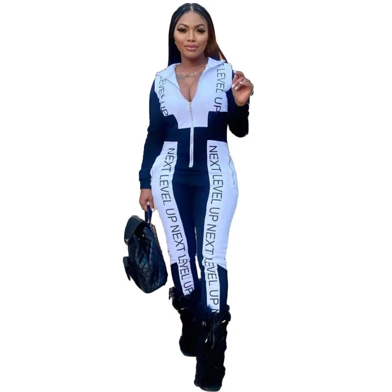 

Spring Autumn Jumpsuit Women Full Sleeve Letter Printed Rompers Fashion Patchwork Zipper Hooded Overall Casual Streetwear Outfit