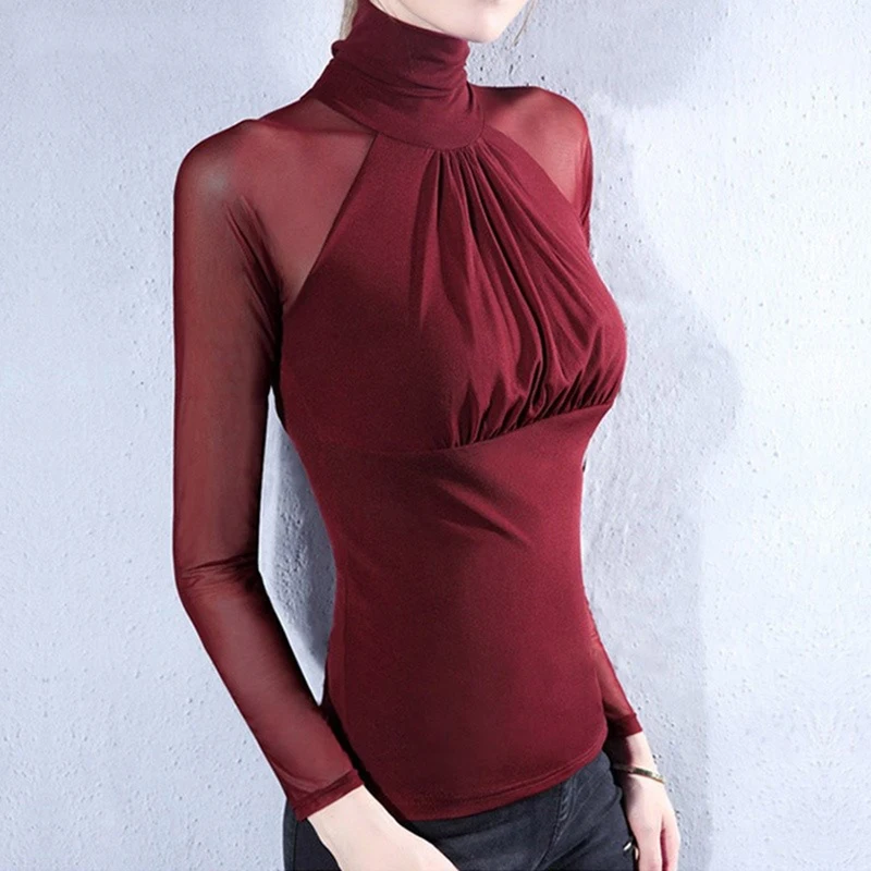 

Women's Shirts Long Sleeve See Through Mesh Tops Blouse Turtleneck Folded Slim Plus Size Elegant Ladies Bottoming Shirts