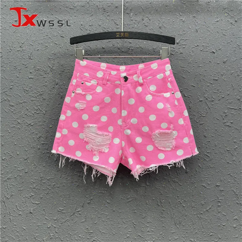 

Phosphor Powder Wave Dot Print Denim Shorts Women 2023 Summer High waist Loose Wide leg Short Pants Jeans Fashion Ms Jean Shorts